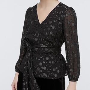 J Crew Tie-waist V-neck top in metallic dot jacquard black size XS